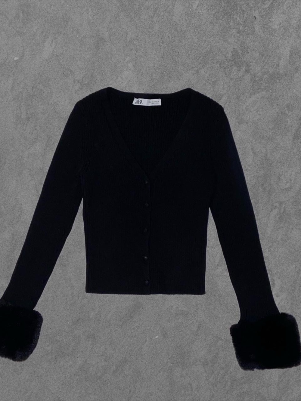 Zara Black V-Neck Button Cardigan with Faux Fur Cuffs